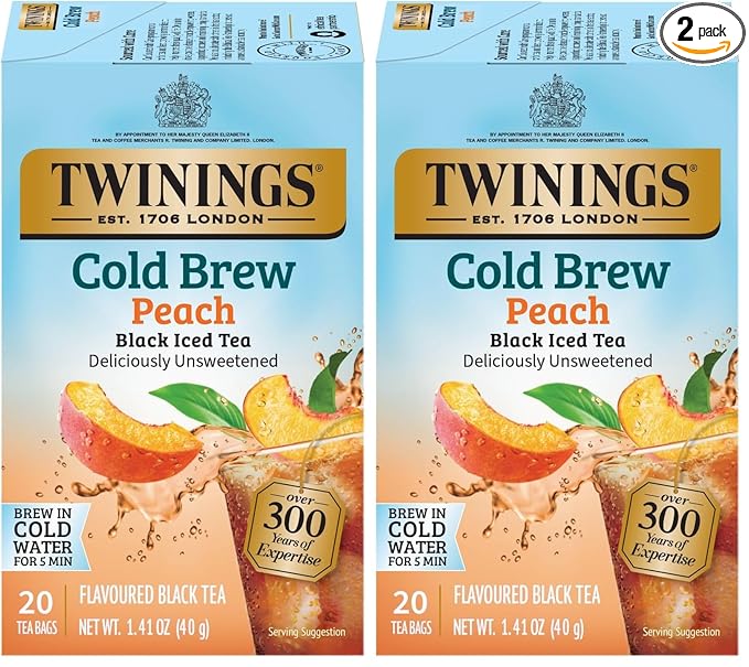Twinings Peach Cold Brew Iced Tea Bags, 20 Count (Pack of 2), Unsweetened Flavoured Black Tea, Caffeinated, 20 Teabags