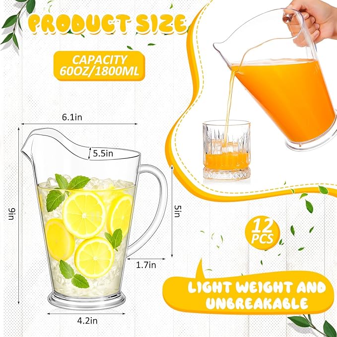 Tessco for you 12 Pcs Plastic Pitchers 60 Ounce Clear Restaurant Pitcher Jug Large Water Jug Carafe Serve Milk Tea Juice Drink for Parties Container Dispenser Beer Jar (Simplicity)