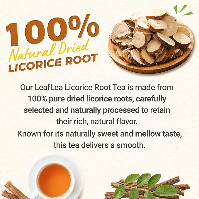 LeafLea 40 Premium Licorice Root Tea Bags, 100% Pure Licorice Spice Tea, Herbal Infusion to Digestive Comfort & Promote Respiratory Health, Te De Regaliz, Caffeine-Free, Sugar-Free, Soothing Flavor