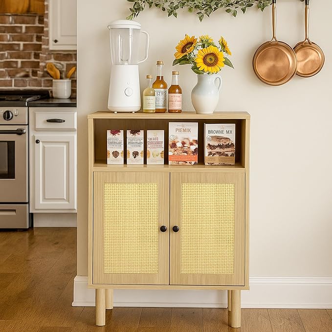 Rattan Small Coffee Bar Cabinet, Kitchen Storage Sideboad,Bathroom Corner Floor Shallow Cabinet with Adjustable Shelves & 2 Doors 11.6'' x 23.2'' x 32'' (Oak)
