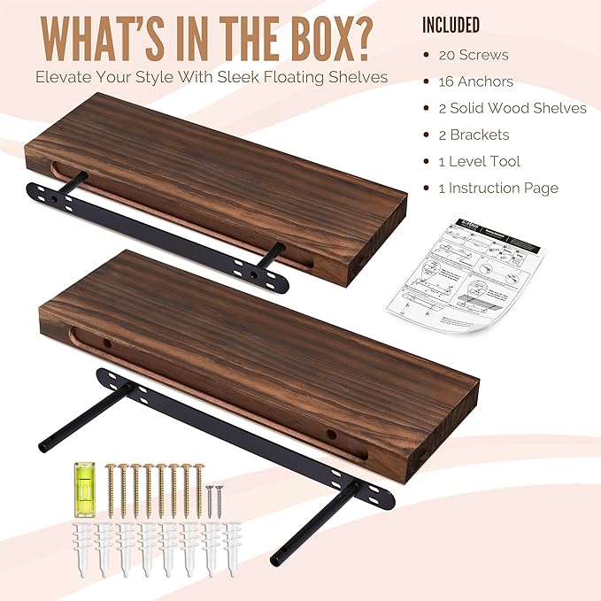 Sorbus 24' Walnut Wood Floating Shelves - Set of 2, Solid Pine, Wall Mounted, Rustic Style, Bathroom & Living Room