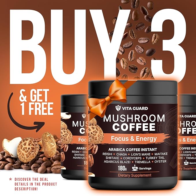 Vita Guard 10 Mushroom Coffee Instant Blend – Lion’s Mane, Cordyceps & Reishi – Premium Arabica with Coconut Powder – Focus, Energy & Immune Support | Cafe de Hongos – Rich & Smooth Adaptogenic Coffee