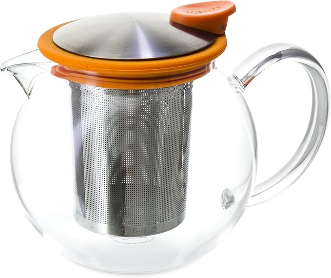 FORLIFE Bola Glass Teapot with Basket Infuser, 25oz./750ml., Orange