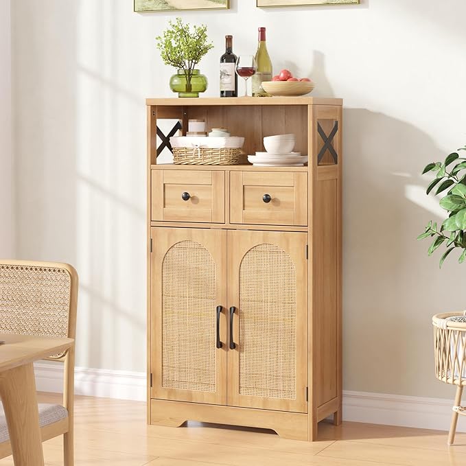 Vabches Rattan Buffet Sideboard, Boho Storage Cabinet with 2 Drawers and Adjustable Shelves, Farmhouse Coffee Bar Station Microwave Stand with Storage for Kitchen, Dining/Living Room, Natural