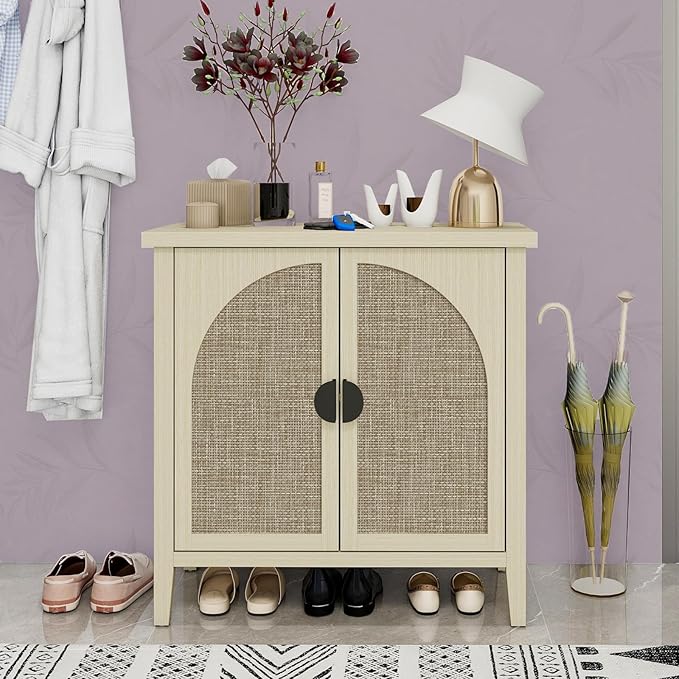 Rattan Door Sideboard Buffet Cabinet, Modern 2-Door Coffee Bar with Adjustable Shelf, Small Wood Credenza Cabinet with Storage for Living Room, Dining Room, Entryway, Natural