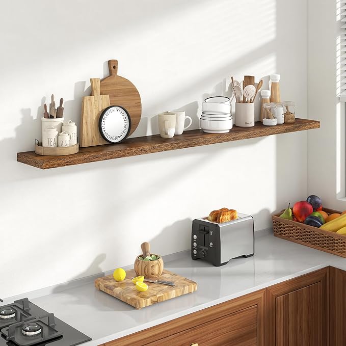 72 Inch Floating Shelves, 8 Inch Deep Floating Shelves for Wall, Hanging Shelf with Invisible Brackets, Deep Shelves for Bathroom, Bedroom, Living Room, Brown, Set of 1