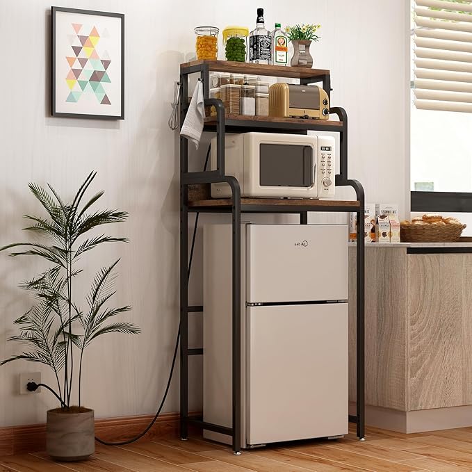 4-Tier Mini Fridge and Microwave Stand Shelf Organizer,61.6" Tall Mini Fridge Cabinet Bakers Rack with Power Outlet,Microwave Oven Stand,Kitchen Shelf Coffee Bar for Home Office Dorm
