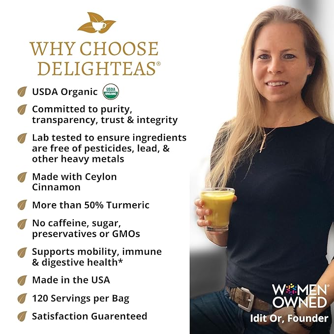 DelighTeas Organic Golden Milk Powder with Turmeric, Ginger, Ceylon Cinnamon | Ayurvedic Spices for Golden Turmeric Latte | Unsweetened, Vegan, Non-GMO, Keto | 120 Servings, 5 oz.