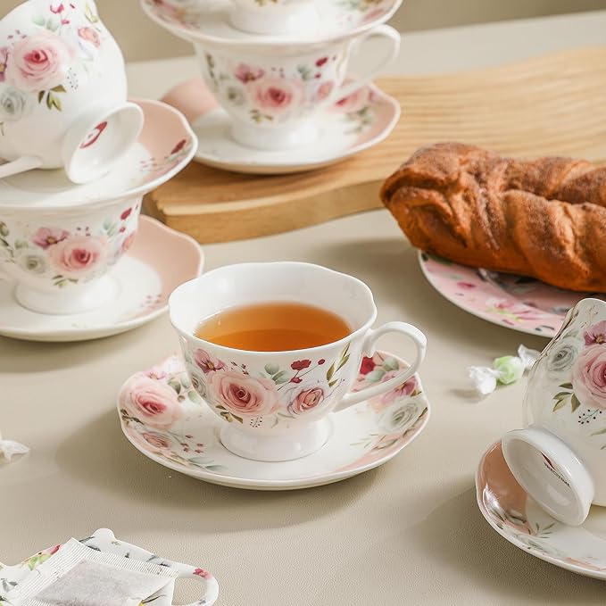 Floral Porcelain Tea Cup Set of 6 (12-Piece), 6 Cups & 6 Saucers with Rose Pattern, 6oz Scalloped Edge Coffee Cups, Dishwasher & Microwave Safe, Elegant Gift