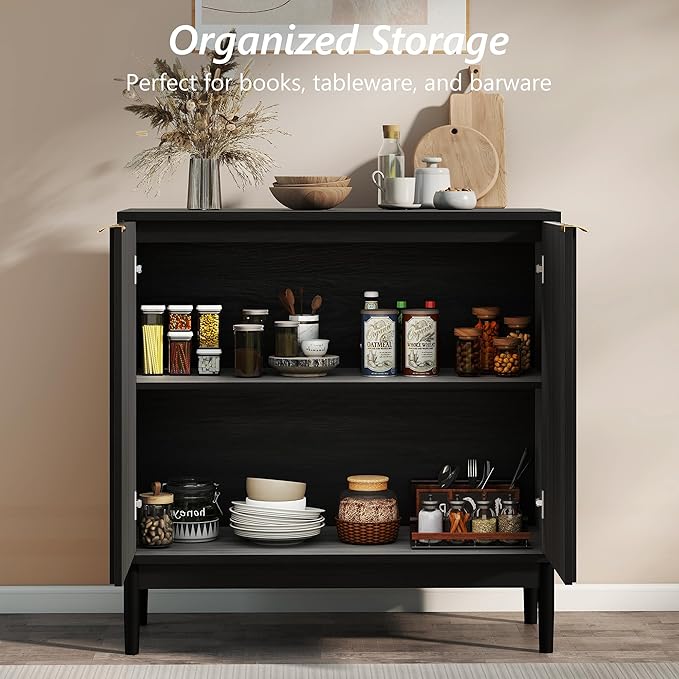 Fluted Cabinet with Storage, Buffet Cabinet Sideborad with 2 Doors, Black Buffet Storage Accent Cabinets with Adjustable Shelves for Living Room, Entry, Hallway, Kitchen