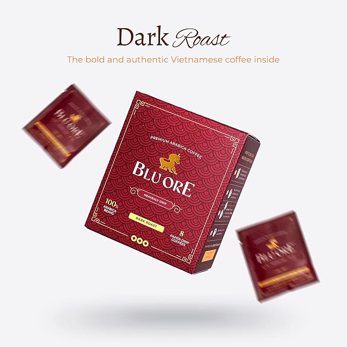 Blu Ore Premium Vietnamese Coffee - Single Serve Pour Over (8 Pack) - 100% Arabica Drip Bag Coffee, Eco-Friendly Filter, Travel Friendly, No Preservatives - Dark Roast