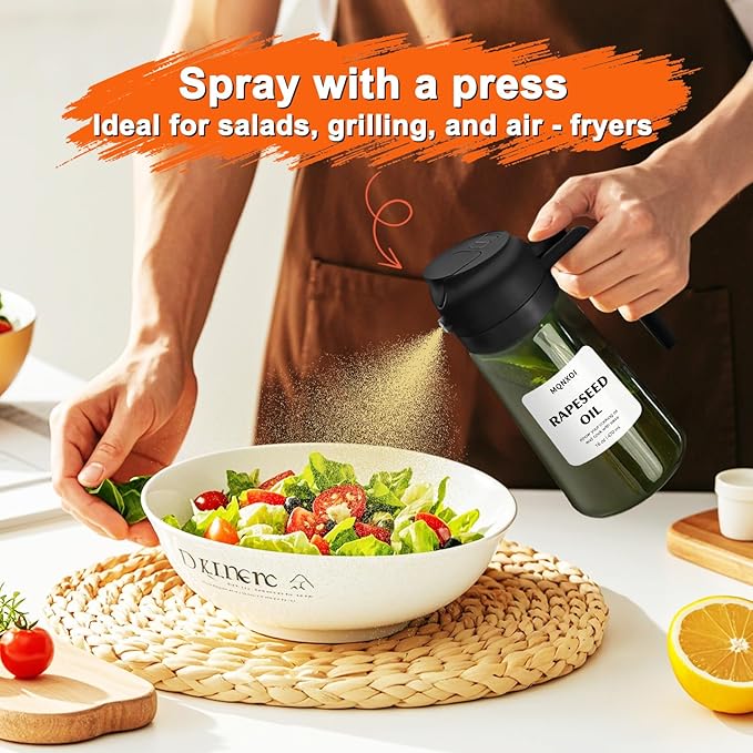 2 in 1 Glass Oil Sprayer & Dispenser,16oz/470ml Olive Cooking, Air Fryer, and Salad, for Kitchen Gadgets and Air Fryer Accessories, w/Stickers (Black + Dark Green Bottle 2)
