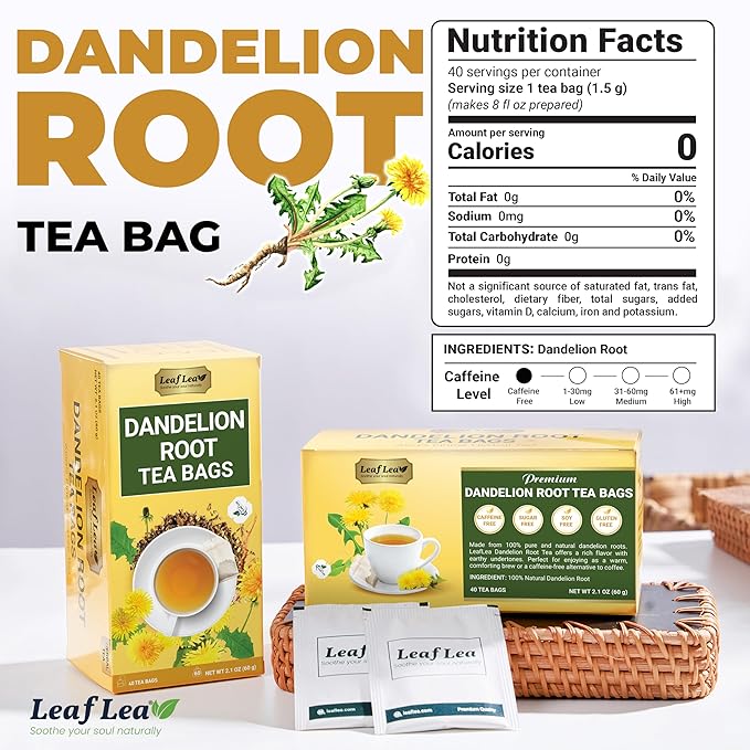 LeafLea Dandelion Root Tea Bags, 160 Dandelion Tea Bags, Natural Dried Dandelion Root, Caffeine-Free, Vegan, Gluten-Free, No Sugar, Sealed for Fresh Flavor, 4 Pack