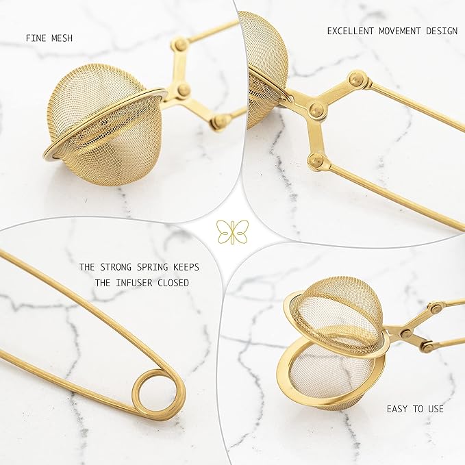 Tea Infuser Tea Ball Tea Filter with Clip for Brew Loose Tea Perfect Pincer Tea Infuser Busket Colador Infusor té Metal Mesh Tea Filter Sifter Fine Mesh Ball Tea Filter (Gold Long Handle Tea Filter)