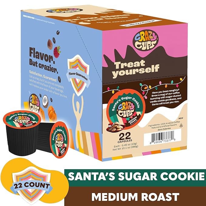 Crazy Cups Flavored Coffee Pods - Santa's Sugar Cookie Coffee, Holiday Blend, Medium Roast, Single Serve for Keurig K-Cup Machines, 22 Count in Recyclable Pods