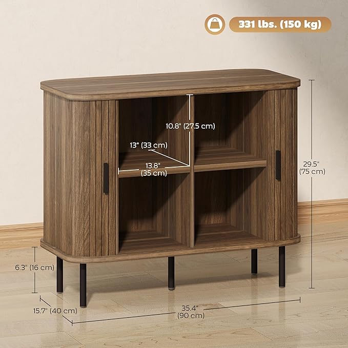 HOMCOM 35.4" Sideboard Buffet Cabinet with Storage, Nordic Coffee Bar Cabinet with Slatted Tambour Doors and Metal Legs, Kitchen Credenza, Walnut