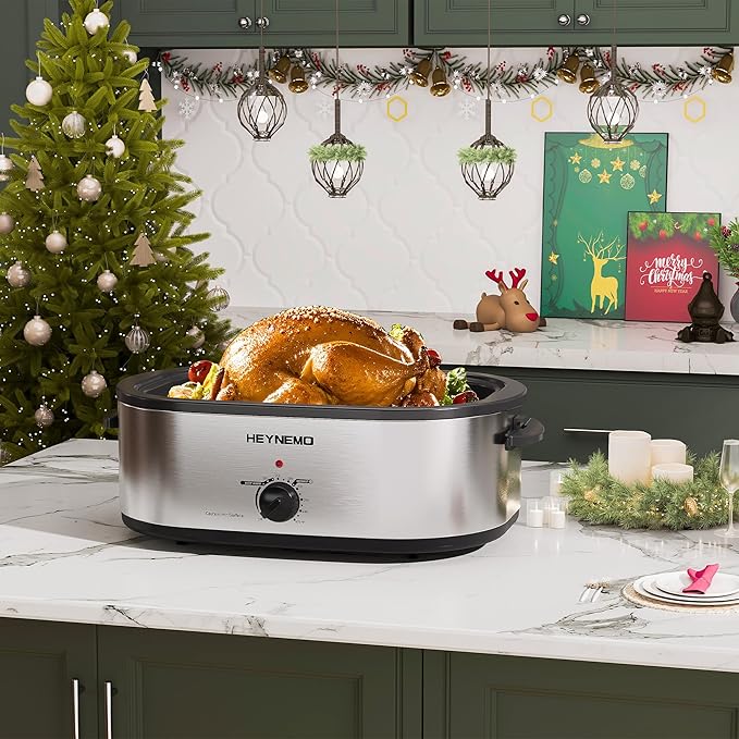 Roaster Oven 22Qt, Multifunctional Electric Roaster Oven for Turkey Meats Bread Soup Sauce, Fast-Cooking Turkey Roaster with Self-Basting Lid, Removable Pan and Rack, Stainless Steel