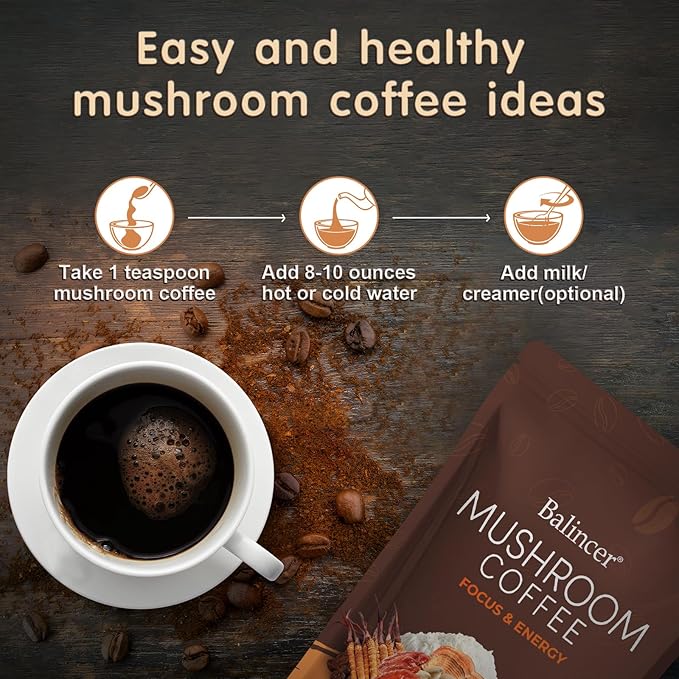 Mushroom Coffee, 6 Adaptogenic Mushrooms with Lion's Mane, Cordyceps, Turkey Tail & More, Instant Mushroom Coffee for Focus, Energy, Immune & Digestion Support
