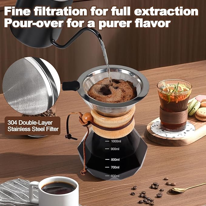 Pour Over Coffee Pot Set 1000ml 33.8oz Features 304 Stainless Steel Filter Glass Coffee Pot with High Borosilicate Glass Duckbill Spout Design Solid Wood Handle Pour Over Coffee Daily Brewing