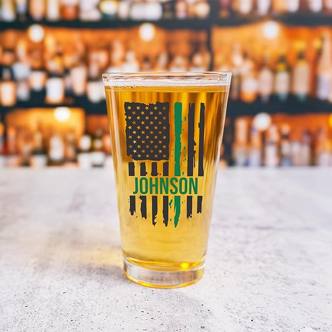 Blue Ridge Mountain Gifts - Thin Green Line Pint Glass - Personalized Military Gift, Border Patrol Appreciation, Green Line Merch, Veteran Gift, Custom Barware, Special Forces Beer Glass