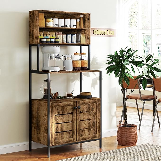 HOMCOM Kitchen Bakers Rack with Power Outlet, Coffee Bar Cabinet with Storage Shelves, Microwave Stand with Louvred Door Cabinets, Rustic Brown