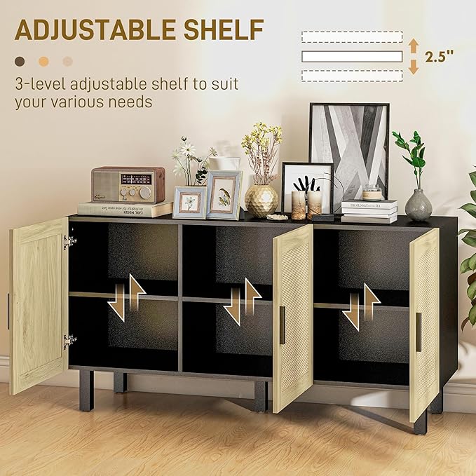 HOMCOM Boho Sideboard Buffet Cabinet, Coffee Bar Cabinet with 3 Rattan Doors and Adjustable Shelves for Kitchen, Living Room, Black and Natural