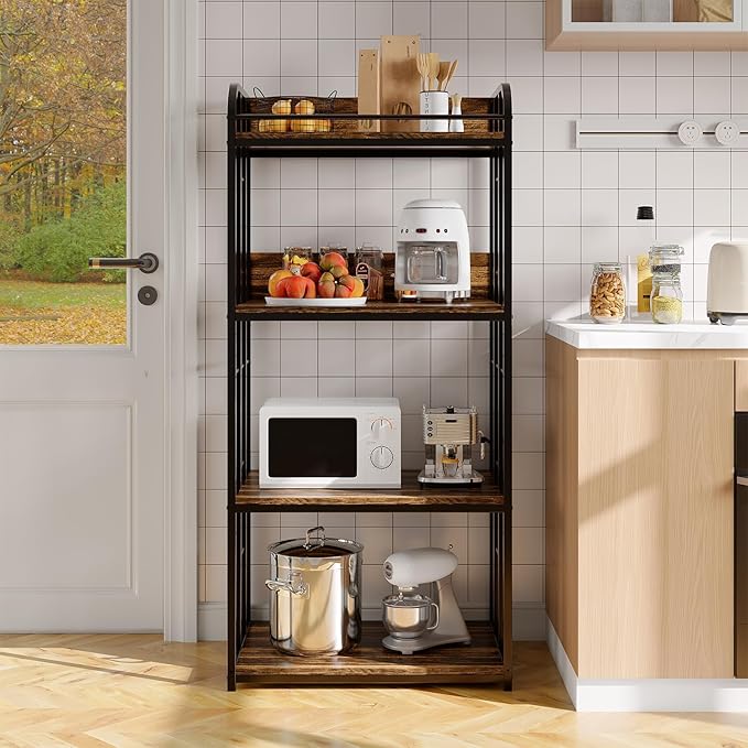 TrailBlaze 4-Tier Bakers Rack for Kitchen with Storage, Industrial Microwave Stand Shelf, Coffee Bar for Small Spaces, Free Standing Kitchen Storage Shelf Rack for Living Room