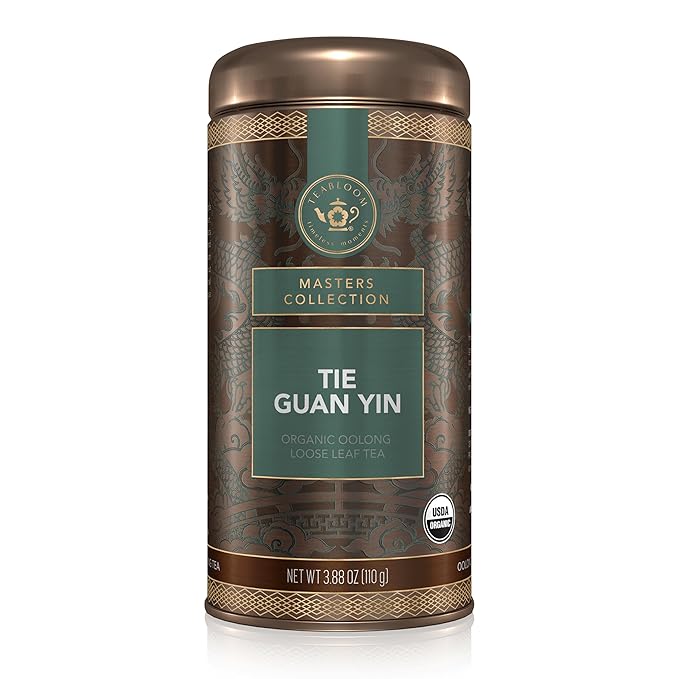 Teabloom Organic Tie Guan Yin Oolong Loose Leaf Tea, Rolled Leaves From High-Elevation Mountains, USDA Organic, Toasted Walnut and Sweet Orchid Notes, 3.88 oz/110 g Canister Makes 35-50 Cups