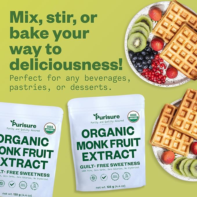 Organic Monk Fruit Sweetener, 125g (4.41oz), No Fillers Pure USDA Organic Monk Fruit Extract Powder with No Aftertaste, Zero Calorie & Zero Carbs, Keto & Paleo Friendly 320-400 Servings