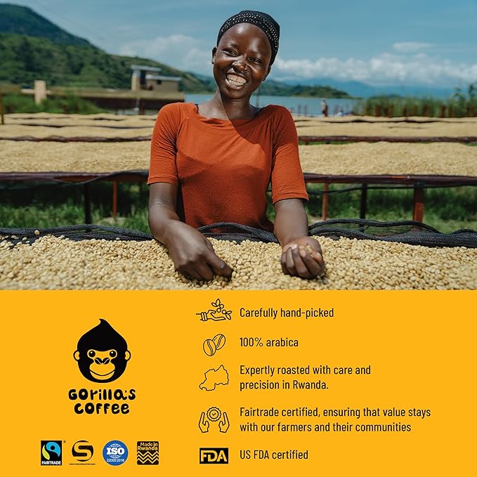 Gorilla's Coffee 100% Arabica - Dark Roast Whole Bean Coffee, Fair Trade, Full Bodied, with Notes of Dark Chocolate | Premium Rwandan Coffee | Rich, Flavorful, and Aromatic (500g/17.6oz)