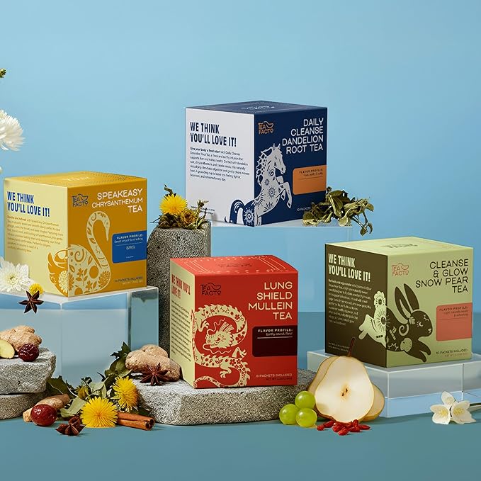 Tea Facto Herbal Tea Sampler Set Clean Circuit Collection with Chrysanthemum, Mullein, Dandelion Root & Glow Snow Pear - Fancy Tea Sampler Gift Set Box - Natural Fiber, Zero Added Sugar - 38 Count