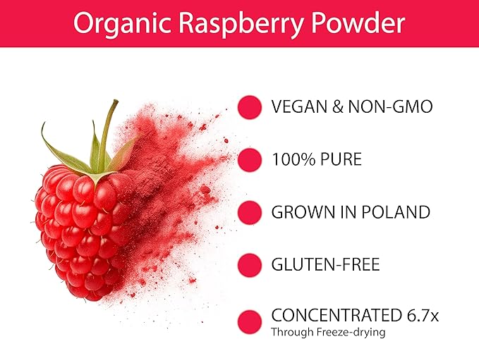 KOYAH - Organic Raspberry Powder 30 Servings (1 Scoop = 15 Raspberries), Freeze-Dried, Whole-Berry Powder, Equivalent to 450 Raspberries