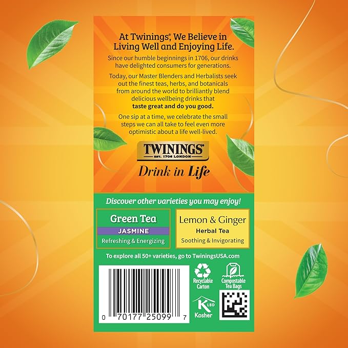 Twinings Green Tea with Lemon Individually Wrapped Bags, 20 Count (Pack of 1), Zesty Citrus Aroma & Flavour, Caffeinated, Enjoy Hot or Iced, 20 Teabags
