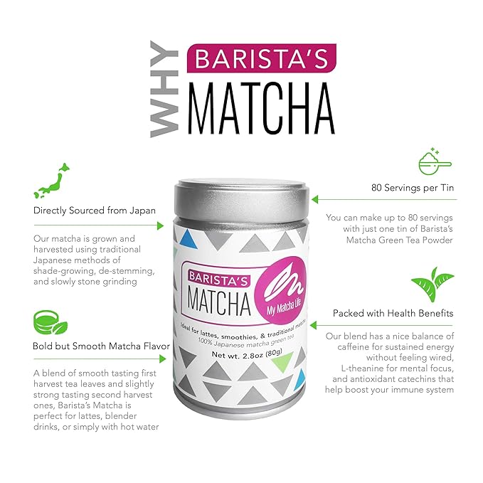 My Matcha Life (2.8oz) Barista's Premium 100% Japanese Matcha Vibrant Powder Smooth & Fresh Taste - Boost Energy, Focus, & Immune System - Vegan, Gluten Free - Lattes, Blended Drinks & Tea