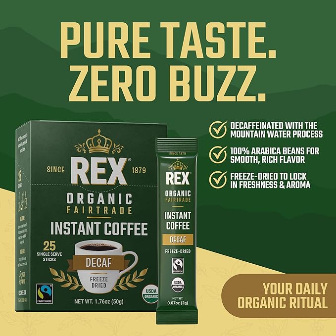 Rex Coffee Organic Fairtrade Decaf Freeze-Dried Instant Sticks – Naturally Decaffeinated Arabica, 25 Single-Serve Packs, Mountain Water Process