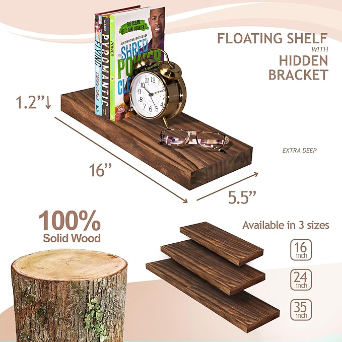 Sorbus Wood Floating Shelves for Wall - 16” Solid Wood Wall Shelves for Bathroom Decor, Books, Bedroom & Living Room - Set of 2 Walnut Wall Mounted Kitchen Shelves - Durable Solid Pine