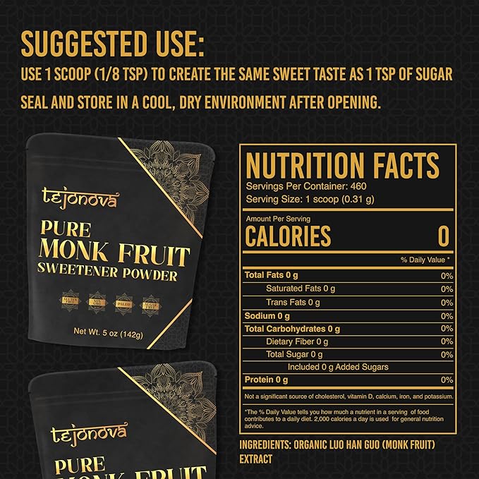 tejonova Monk Fruit Sweetener, 5 oz, Monk Fruit Extract Powder, Monkfruit Sweetener Pure Flavor, Monk Fruit Sweetener No Erythritol, Ideal Monkfruit Sweetner and Keto Sugar Substitute, 460 Servings