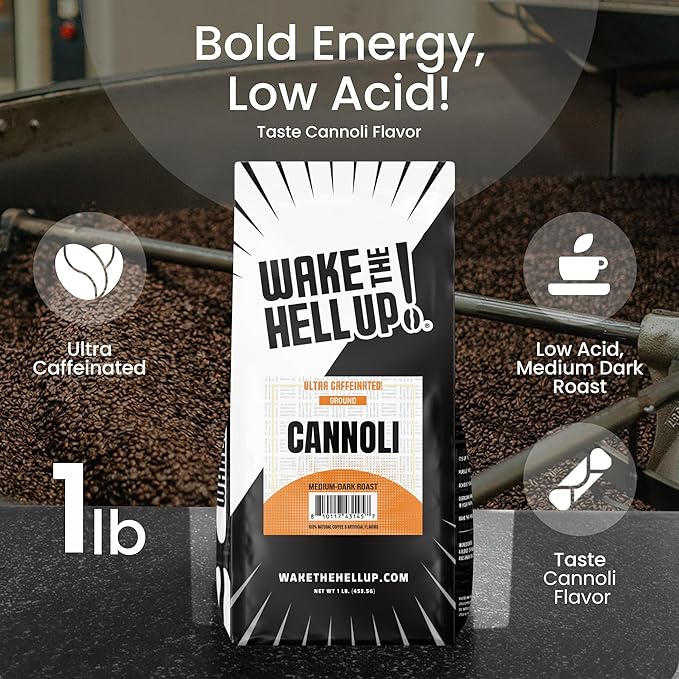 Wake The Hell Up! 1lb Ultra-Caffeinated Cannoli Ground Coffee, Low Acid, Medium-Dark Roast