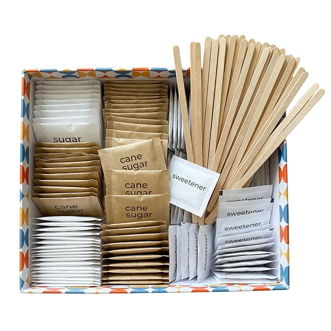 Sugar and Sweetener Packets Assortment with Wooden Coffee Stirrers Multiple Sizes and Varieties for Home Office Coffee Bar or Gift 450 Count