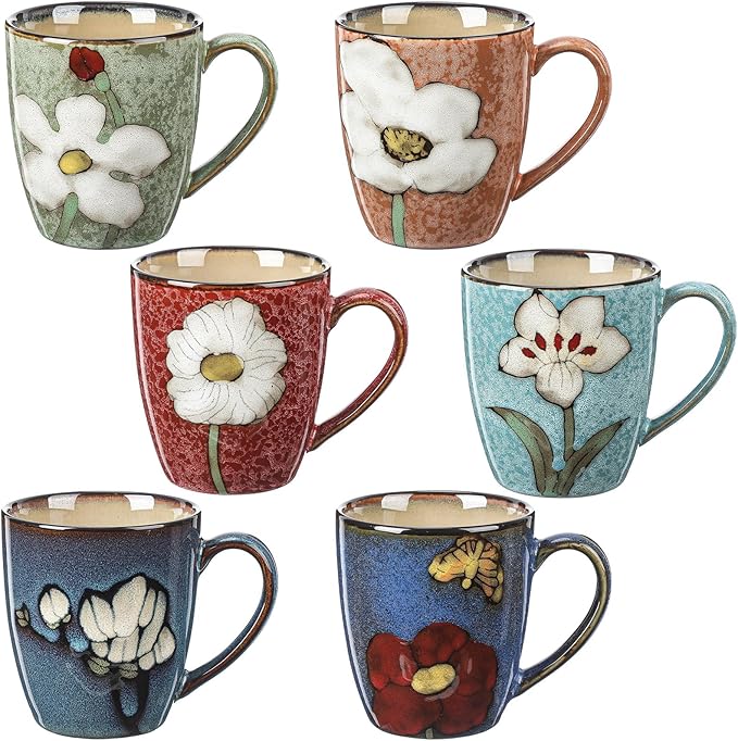 Maxdot 6 Pcs 12oz Ceramic Coffee Mugs Sets Glazing Process Cappuccino Mug Floral Ceramic Tea Cups Christmas Housewarming Idea Gift for Women Porcelain Cup for Coffee, Cocoa, Tea, Latte (Retro)