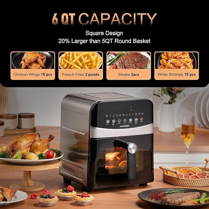 6QT Stainless Steel Air Fryer Ceramic 12 in 1, Dual-Blazes in Metal Housing, 2-3 Servings Visible 8.27" Basket with Teflon-Free Premium Coating, 1700W, DAYBEST Dishwasher Safe Kits (Stainless Steel)