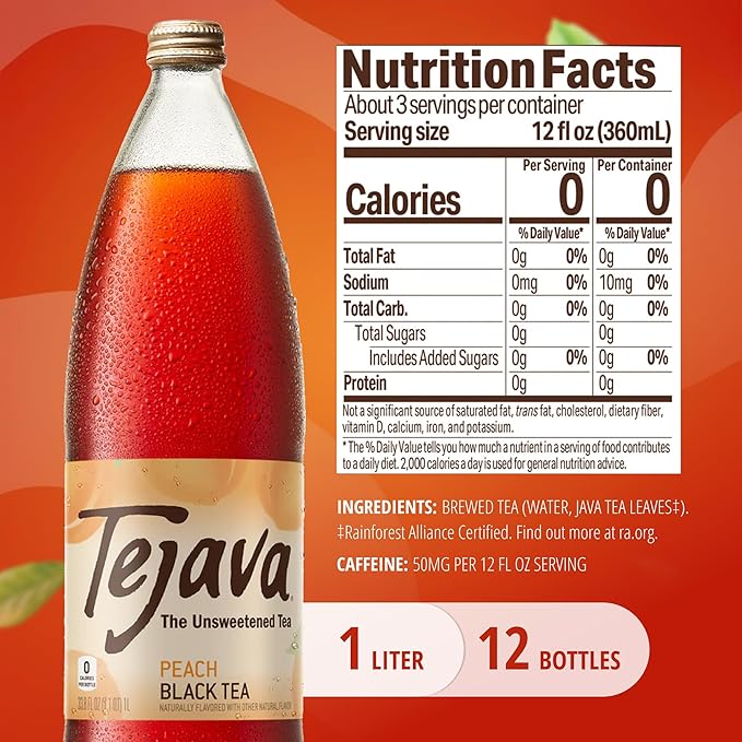 Tejava Original Unsweetened Peach Iced Tea, 12 Pack, 1 Liter Glass Bottles, Non-GMO, Kosher, No Sugar or Sweeteners, No calories, No Preservatives, Brewed in Small Batches