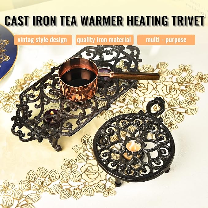 Sungmor Cast Iron Teapot Warmer Dish Cups Heater Pot Trivet - Rustic & Graceful Pattern Design with Tealight Holder - Heavy Duty & Decorative Candle Holder Stands for Heat Food Coffee Milk or Tea