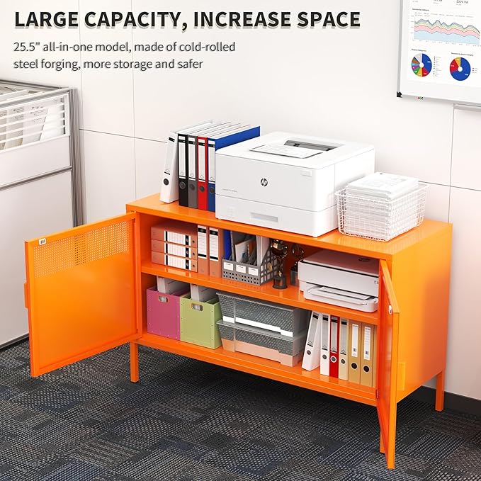 Orange Metal Storage Cabinet with 2 Doors - 25''H TV Stand, 2 Tier Locker with Adjustable Shelves, Multipurpose TV Cabinet for Office, Home, Living Room, Kitchen