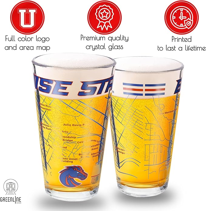 Greenline Goods – Boise State University Broncos College Pint Beer Glasses (Set of 2), 16 oz – Full-Color Logo + Campus Map