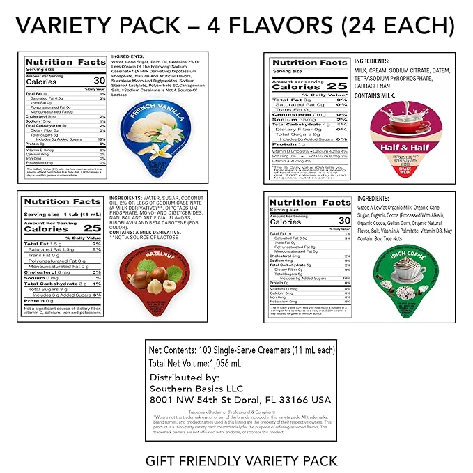 Variety Pack Creamers Liquid Creamer Singles | Gift Assortment Box | Coffee Cream | French Vanilla, Hazelnut, Half-Half & Irish Cream - No Refrigeration - Box Of 96