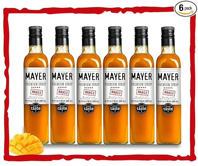 Mayer Premium Artisan Mango Syrups – Award-Winning, Only Real Mangoes and 3 Natural Ingredients, Vegan, Gluten Free, Dairy Free, Versatile for Beverages & Desserts – No Artificial Additives, Rich Authentic Flavor ( 16.9 Fl oz. / 500 ml, 6 Pack Mango )