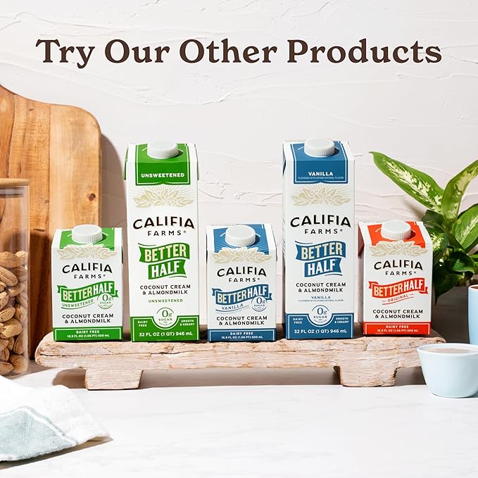 Califia Farms - Unsweetened Better Half, Half And Half Substitute, 16.9 Oz (Pack of 6), Almond Milk, Coconut Cream, Coffee Creamer, Keto, Shelf Stable, Dairy Free, Plant Based, Vegan