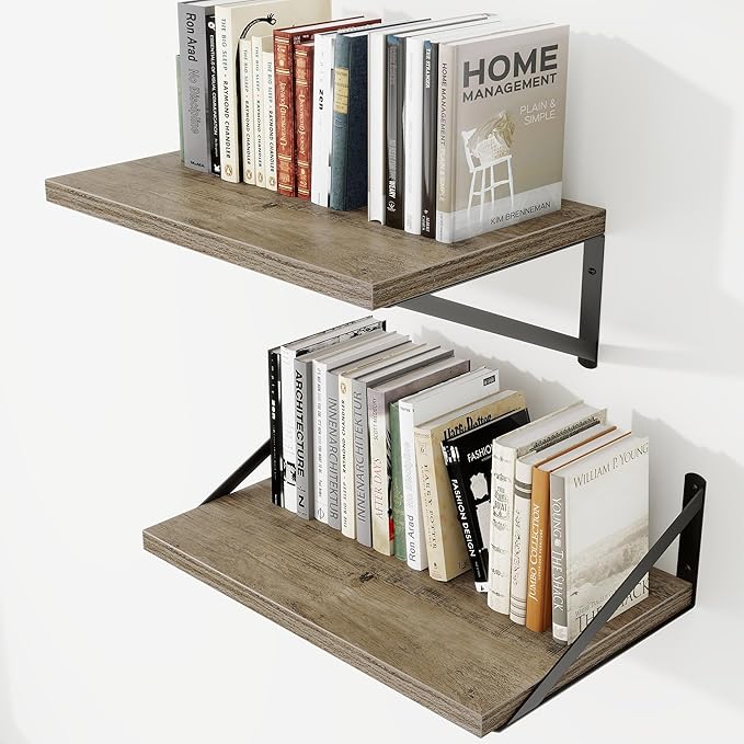 Deep Wall Shelves 16"W x 12"D Engineered Wood Floating Shelves for Wall, Sturdy Metal Bracket Bookshelves Home Decor Storage for Living Room Bedroom Bathroom Kitchen, Set of 2, Grey Finish