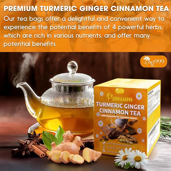 TOG999, Turmeric Ginger Cinnamon Tea Bags | 60 Count | Herbal Blend with Turmeric, Ginger, Cinnamon Stick & Chamomile Flowers for Relaxation | Naturally Flavorful, Caffeine-Free | Packed in Paper Box